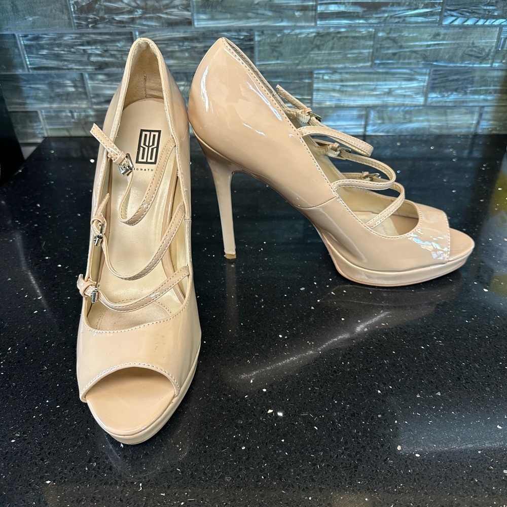 NEW Signature 11 Nude High Stiletto Heels Triple Strap Mary Jane’s Peep Toe Shoe